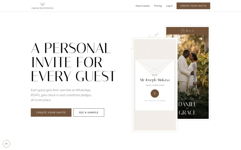 Grand Invitations digital wedding invitation platform with RSVPs and gate check-in