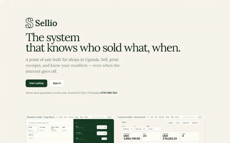 Sellio POS dashboard showing sales and stock for a shop in Uganda
