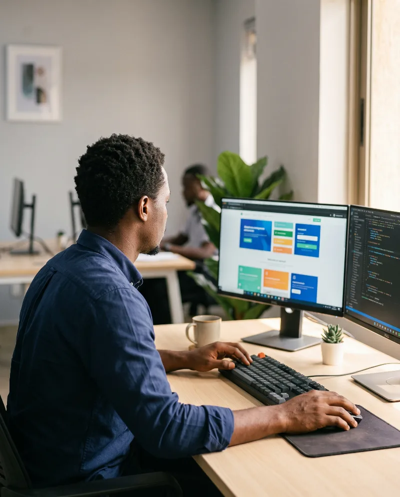 Web designer in Kampala building a client website across two monitors
