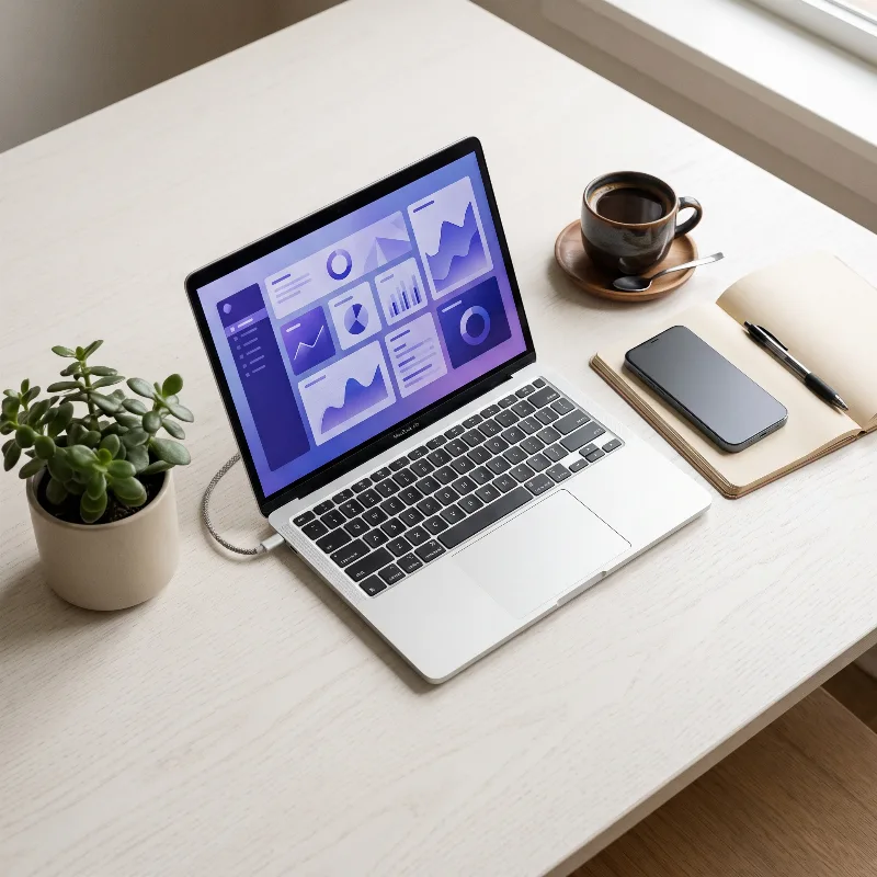 Clean workspace with a laptop showing a web dashboard, phone and notebook